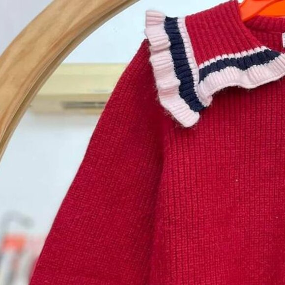 Red Knit Sweater With Ruffle Collar - Picture 2 of 3
